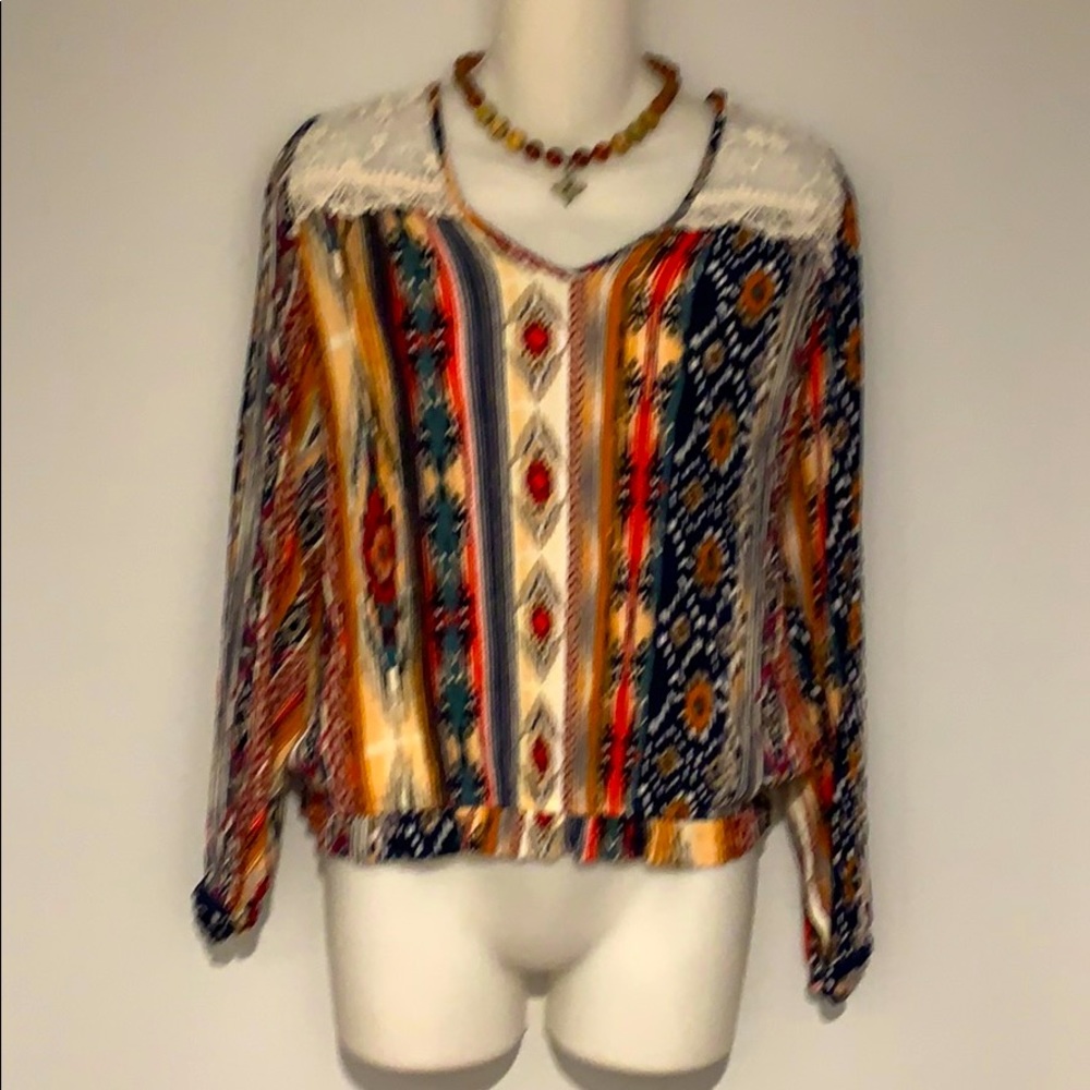 BKE Boho Lace & Southwest Print Top
